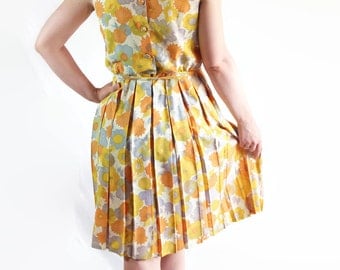 60s Mod Dress Mad Men Flower Power Floral Print Yellow