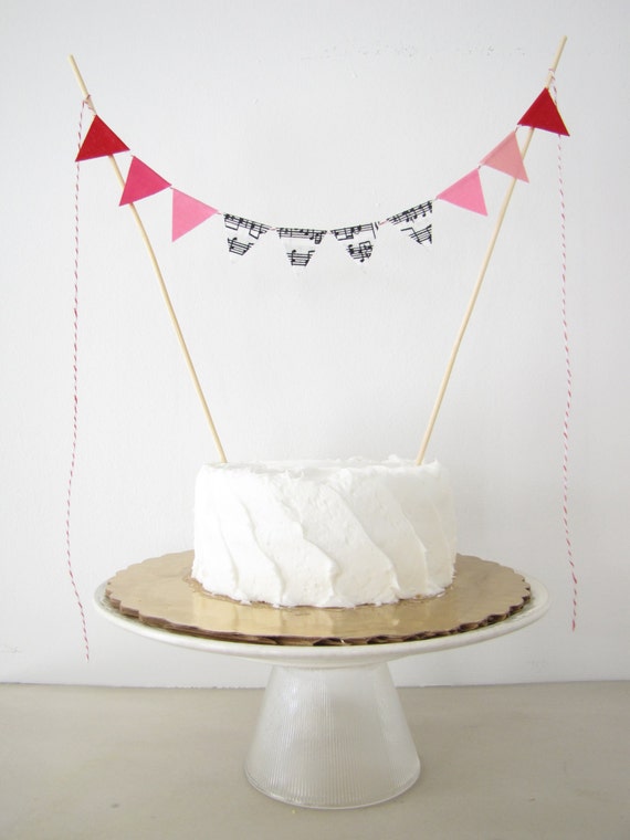 Love Song Wedding Cake Topper - Fabric Cake Bunting - Baby Shower, Party, Birthday Decor, sweet red pink white music notes Valentine's Day