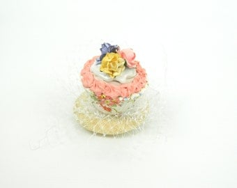 Fascinator Headpiece with Vintage Shabby Chic Rose Cupcake and Veil - Birthday Party Hat