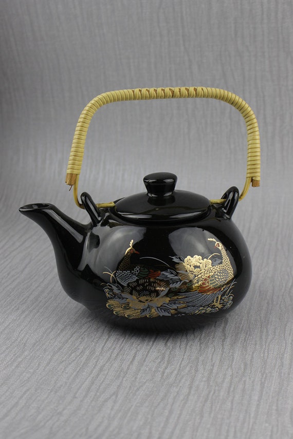 Black Small Plastic Style Wrapped Handle Teapot Tea Pot 1970s