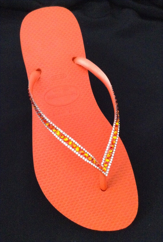 Orange Havaianas Slim Flip Flops w/ Swarovski Crystal Bling