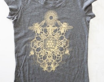Bee Mandala Printed in Honey Yellow on a Womens Medium Gray Bella Soft 100% Cotton Slim Fit Screen Printed T-Shirt