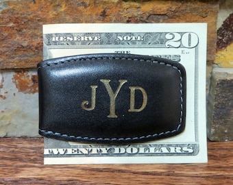 Monogram Leather Money Clip - Personalized Magnetic Monogrammed Money Clip - Groomsmen Gift-Black
