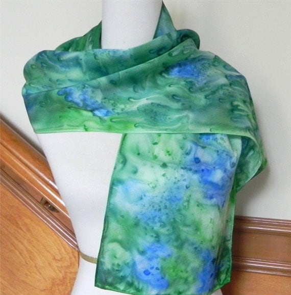 Vibrant blue and green silk satin scarf, hand painted long silk scarf #381, ready to ship