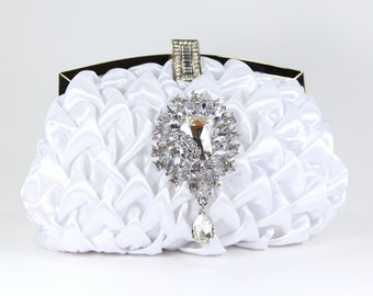 White Satin Evening Bag with Swarovski Crystal accent - White Satin Purse - Bridal Clutch - Wedding Purse