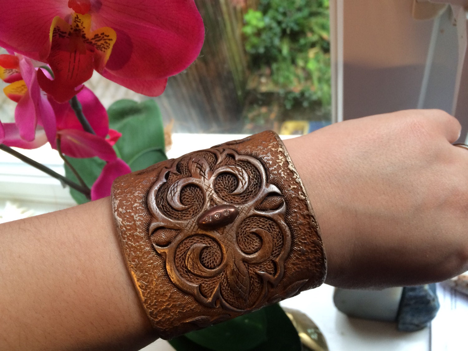 Ladies hand tooled and carved bracelet