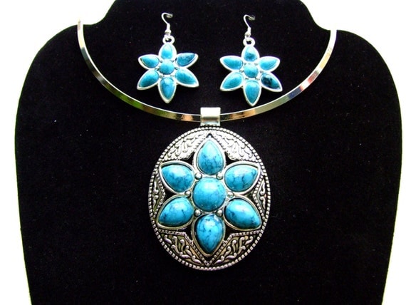 turquoise silver choker necklace earrings gift set