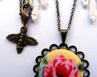 Yellow and Pink english rose fabric button necklace