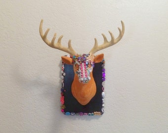 Jewelry Box Faux Taxidermy Deer Head Wall Mount Embellished with Crystals, Gems, and Jewels