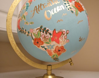 Custom 12" World Globe, Hand Painted Flowers, Gold Stand, Flower Map