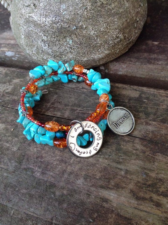 I Am Dancing My Dream: three wrap memory wire beaded bracelet, with metal stamped charm