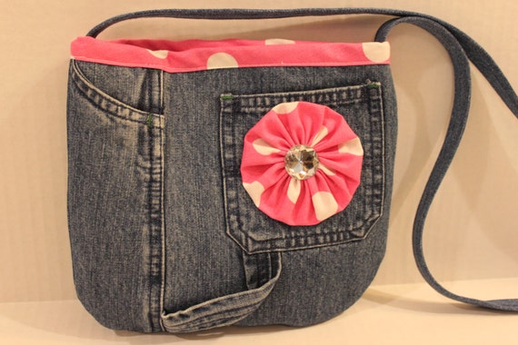 Items similar to Small purse bag recycled from denim overalls with pink ...