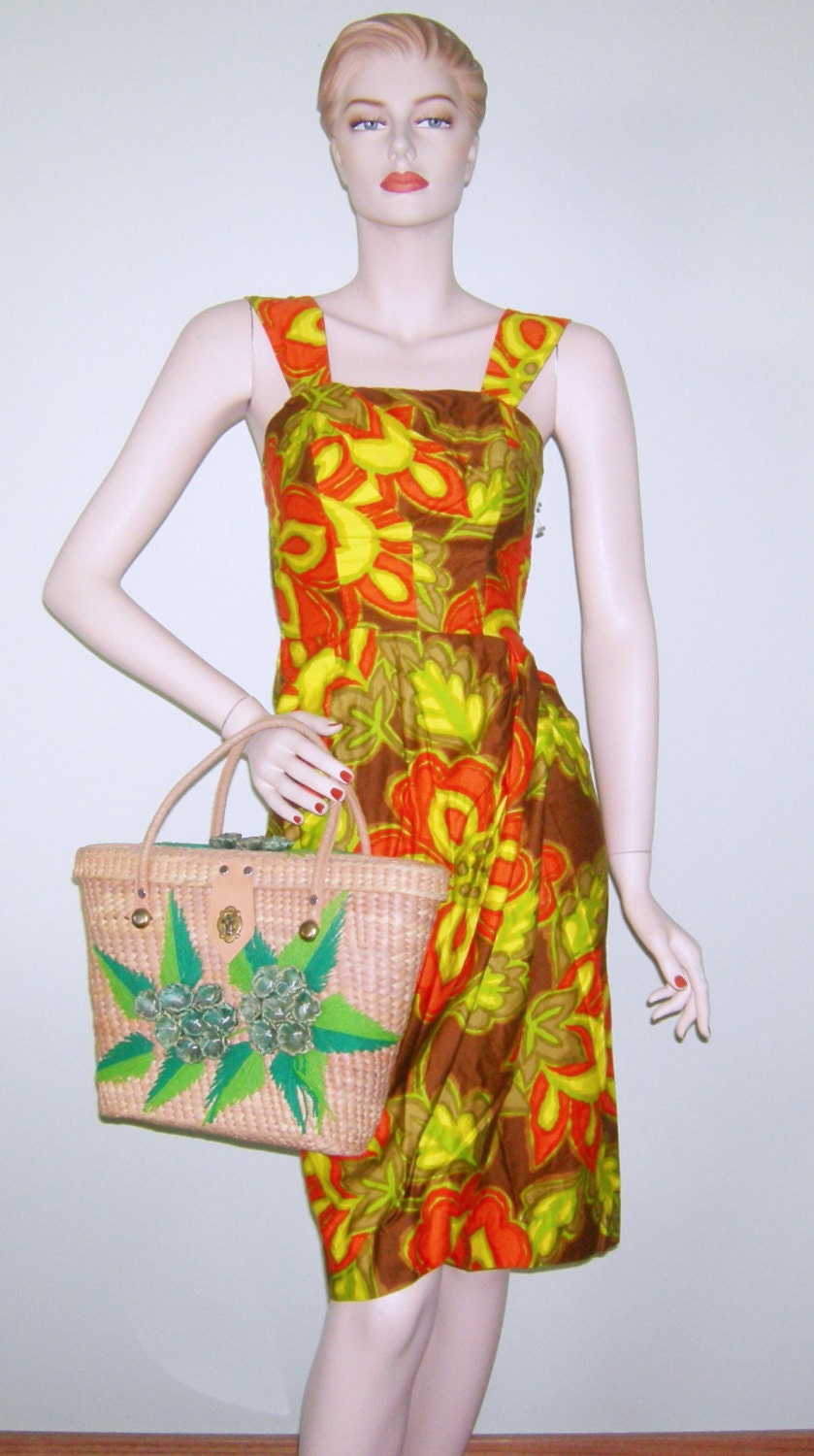 Vintage 1950s Straw Bag Hawaiian Tiki Tote Mod by BombshellBetties