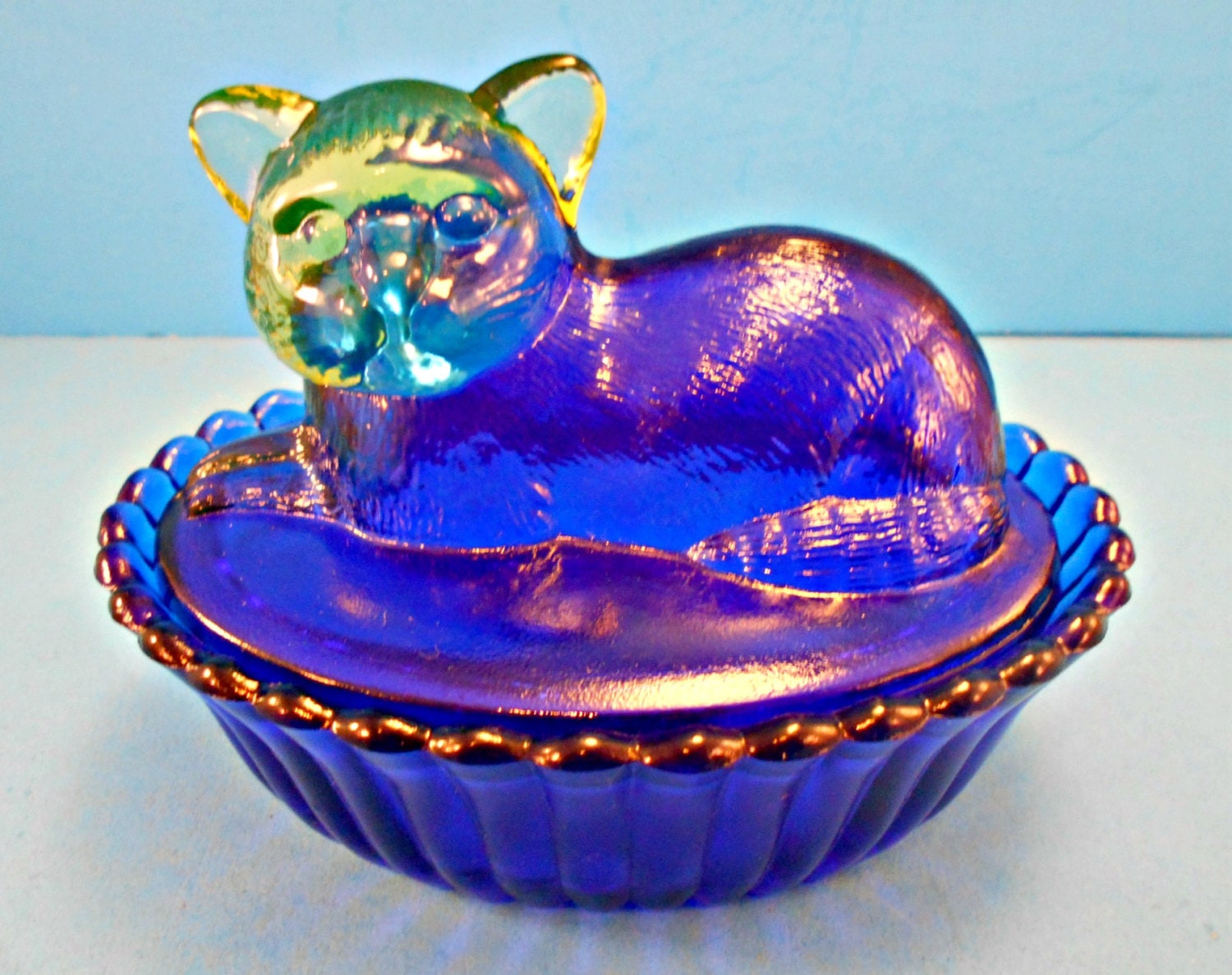 Westmoreland Glass Kitty Cat Dish Cat in Basket Cobalt Blue