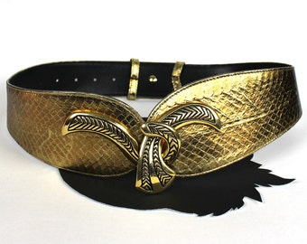Vintage Gold Snakeskin Leather Belt with Brass Belt Buckle Adjustable 28" to 35"