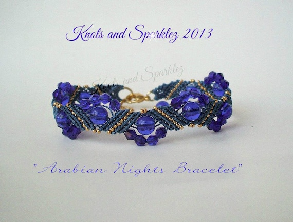  Handmade bracelet, macrame bracelet, blue and gold, glass beads, crystals