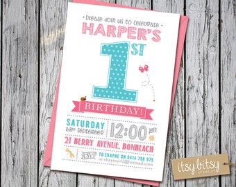 1st Birthday Invitation Girl, Garden Party, Printable First Birthday, 1st, 2nd, 3rd, 4th or 5th Birthday Party, polka dots, pink, ladybird,
