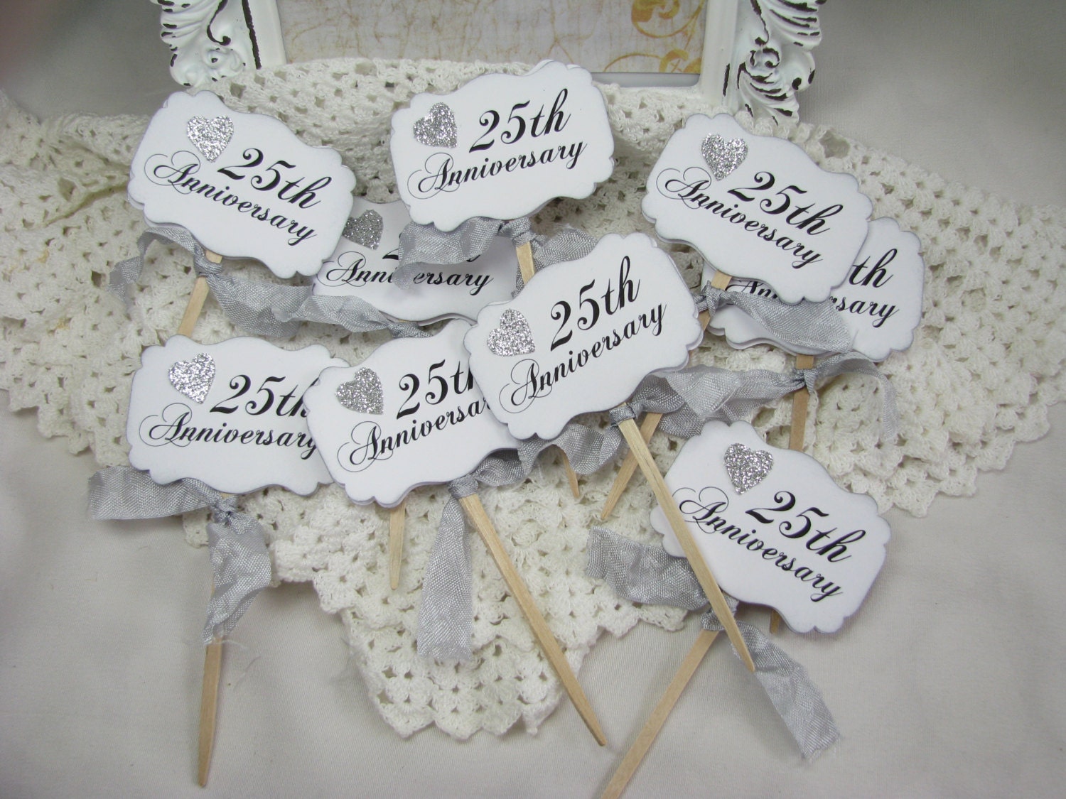25th Anniversary Cupcake Toppers Favors by GoldenNestStudio