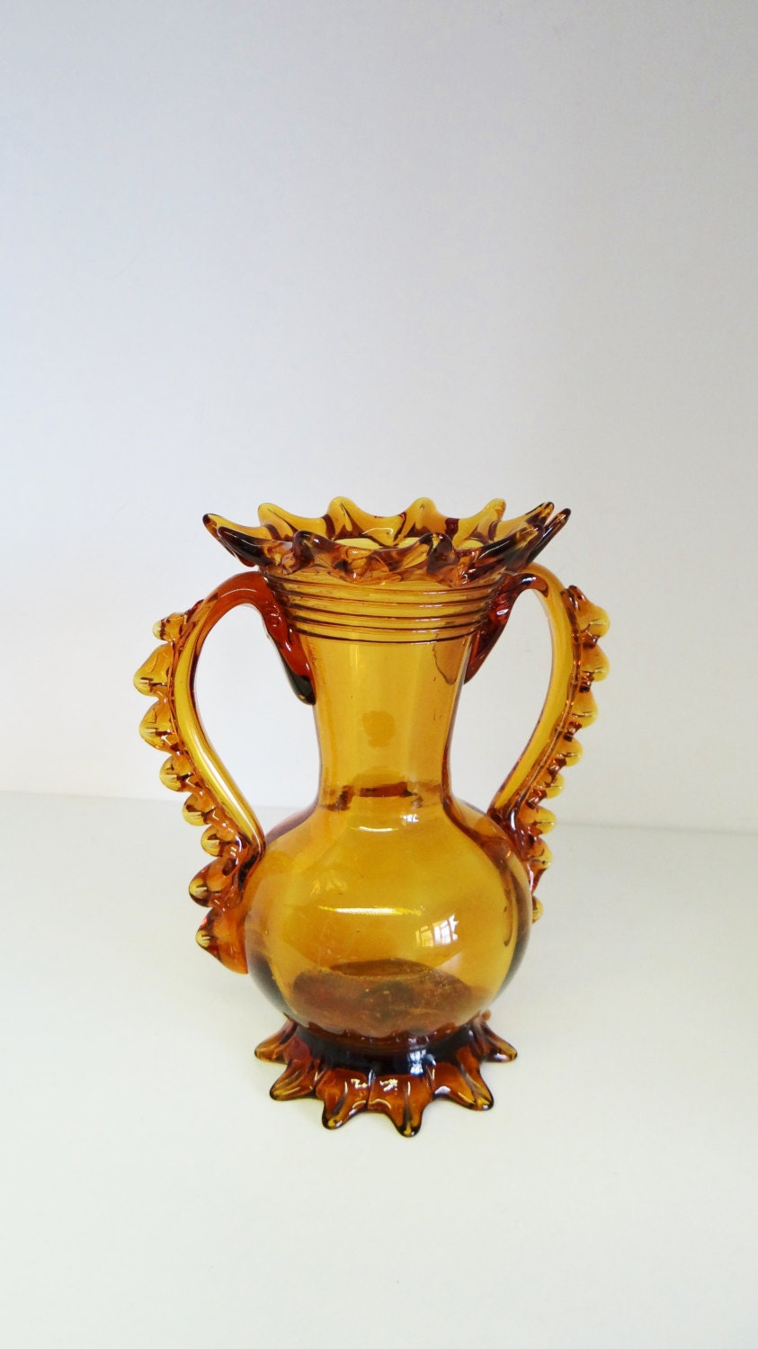 Vintage Glass Vase Amber Glass with Handles Studio by crabtulip