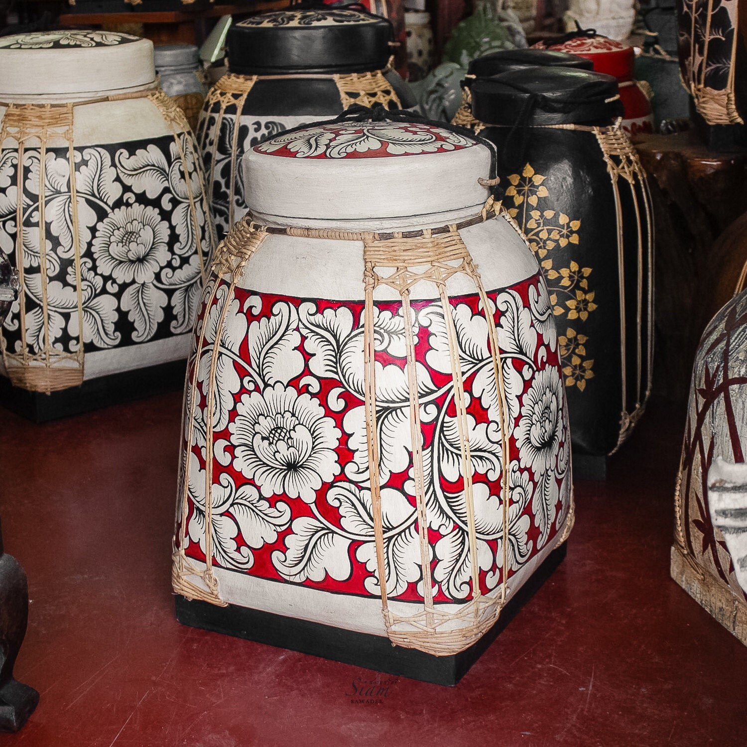 Red Decorative Thai Rice Basket Box. Traditional by SiamSawadee