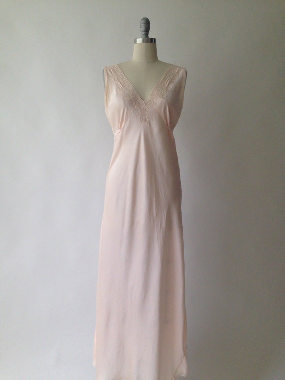 Vintage 30s bias cut peach silk nightgown with lace inserts