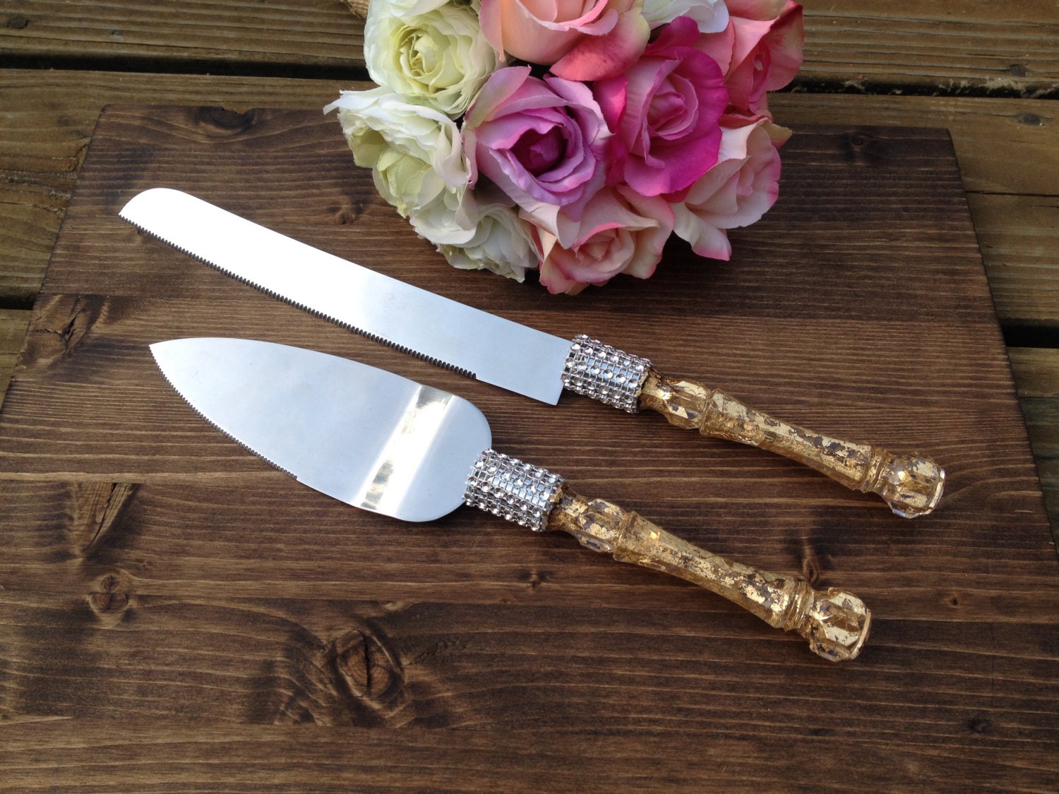 Gold cake  knife  and serving  set  rustic wedding  cake  server  