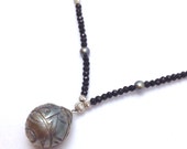 Black Tahitian carved pearl necklace silver & spinel beads