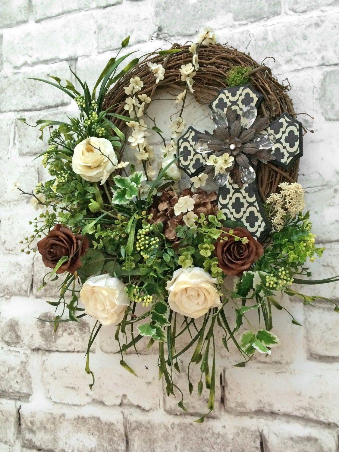 Cross Wreath Front Door Wreath Spring Wreath Silk Floral