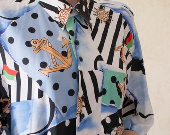 Abstract Nautic 90s Vintage Long Blouse Oversize
