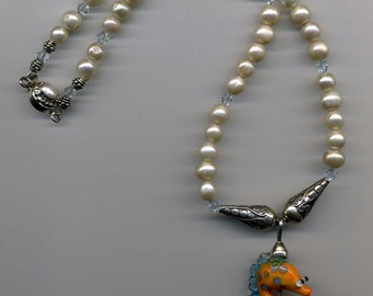 Whimsical Seahorse, Seahorse Necklace, Seahorse Jewelry, Freshwater Pearl Necklace, Freshwater Pearl Jewelry, Lampwork Seahorse, Ocean Dream