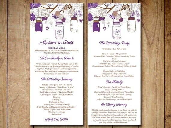 Mason Jar Wedding Program Template Instant Download Printable Wedding Program Deep Purple Jar Wedding Program Templates