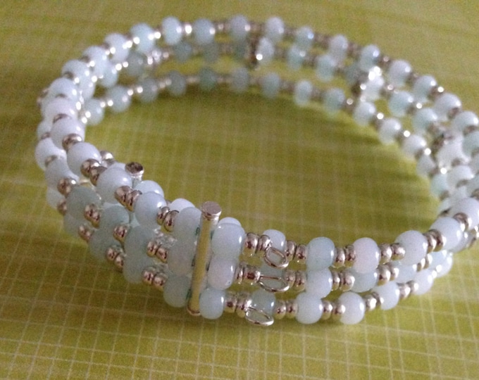 clearance! light blue and silver glass beaded cuff bracelet