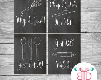 Kitchen Decor, Kitchen Utensil Art, Kitchen Wall Art, Chalkboard Signs, Whip it Good, Just Eat It, Roll With It, digital art print