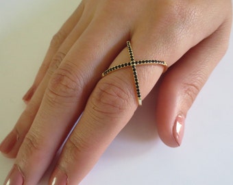 Gold Criss Cross Ring/Pave Black Cubic Zirconia Criss Cross Ring/Gold Vermeil X Ring/Gold over Sterling Silver X Ring/Gold X Ring/Cz X Ring