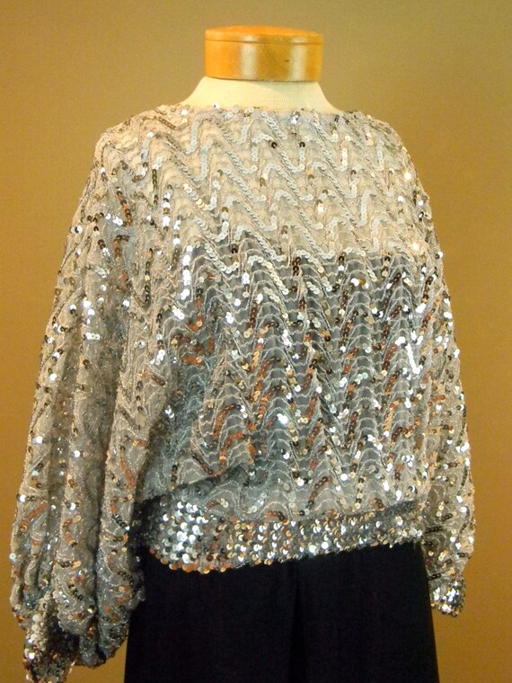 Stunning Silver Sequin Blouse Disco Top Dancing Queen Vintage