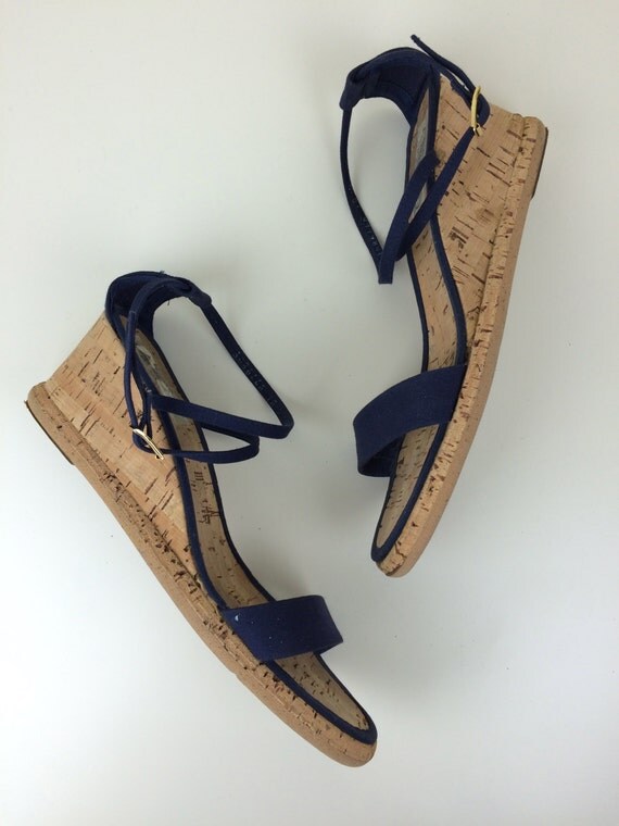 Pappagallo strappy navy canvas  cork wedge sandals by hkvintage