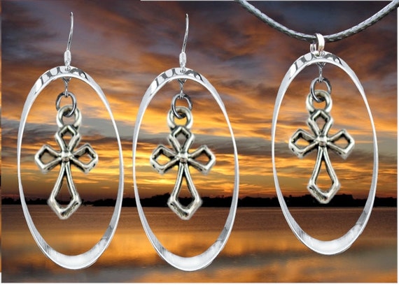Silver Hoop & Hollow Cross Earring Necklace Pendnat Drop Dangle Set Women Girls Christian Jewelry - Saint Michaels Jewelry