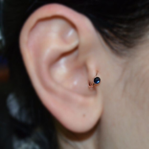 Sapphire Tragus Earring - Gold Nose Ring - Rook Earring - Cartilage Hoop - Forward Helix Earring - Septum Ring - Tragus Piercing 16 gauge