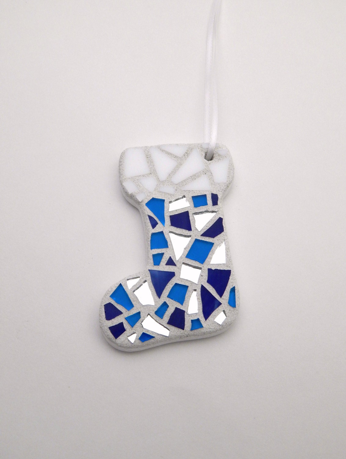 Mosaic Christmas Ornament Stocking Blue by GreenBananaMosaicCo