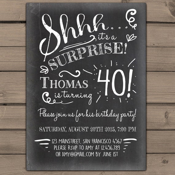 40th Birthday Invitation Chalkboard Invitation Surprise Party