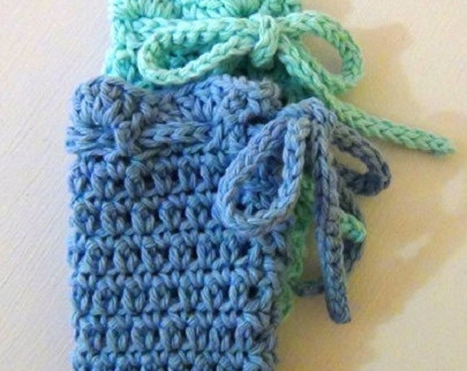 Turquoise and Blue Soap Saver Bag - Soap Sachet Set of 2 - Robins Egg Sky Blue and Ocean Blue crochet soap sack - Gift Basket Item