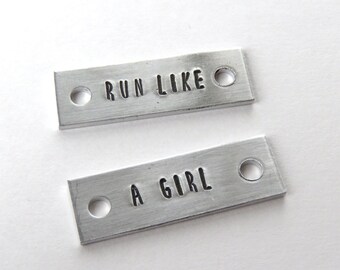 running shoe tag set, shoe tags for runner, trainer tags, running shoe charms, run like a girl shoe charms, gift for runner, marathon runner