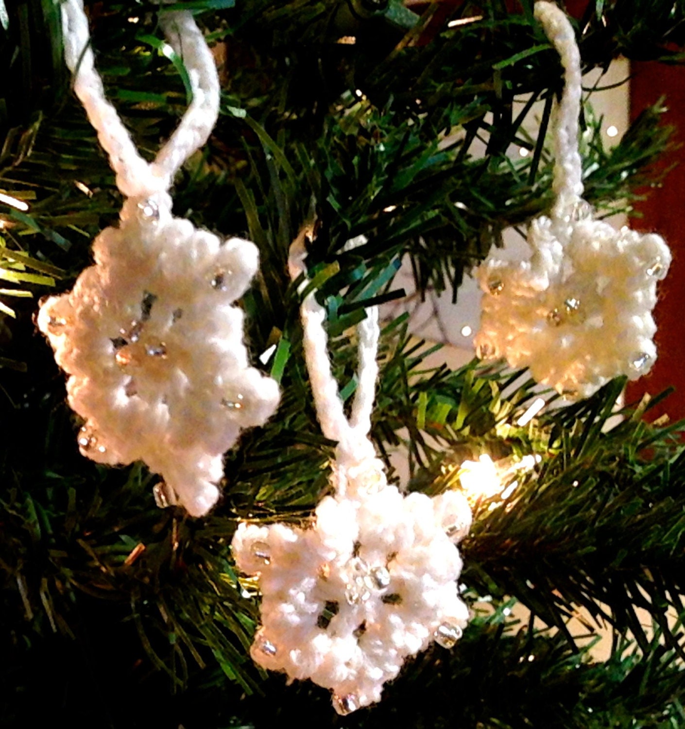 Crocheted Beaded White Snowflake Ornaments - Set of 3 Elegant Christmas Holiday Decorations