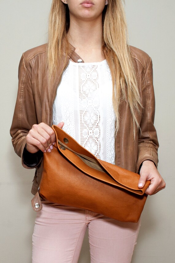 Sale Brown Leather Handbag Large Clutch Purse by