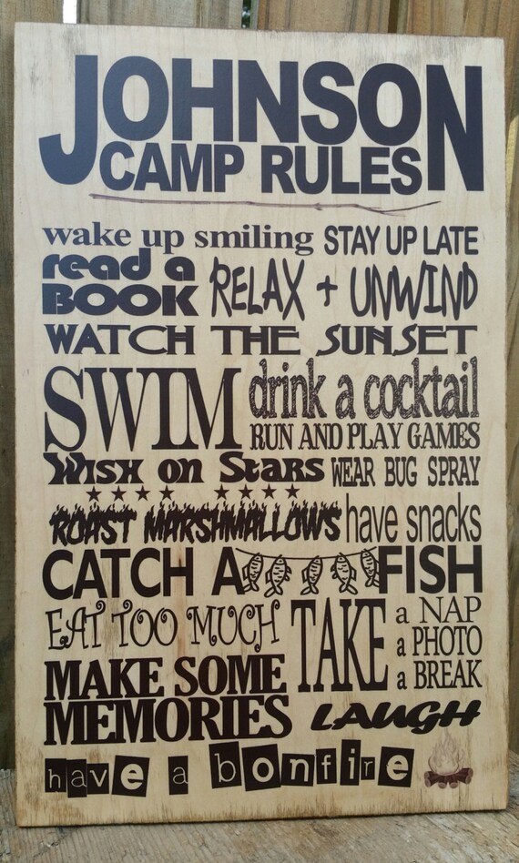 Wood Camping Rules Personalized with Last Name Camper Sign