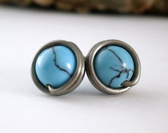 Turquoise Stud Earrings Non-Allergenic Pure Titanium Earrings Wire Wrapped Jewelry Handmade Aqua Stone Jewelry Turquoise Jewelry