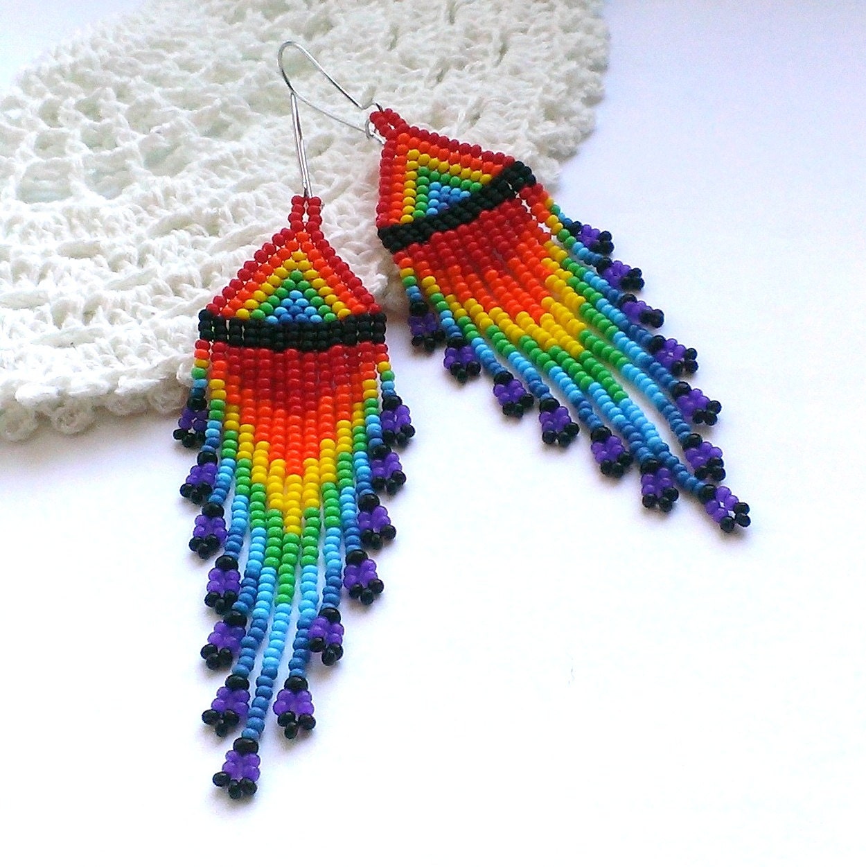 Rainbow earrings Long fringe earrings Long beaded by Galiga