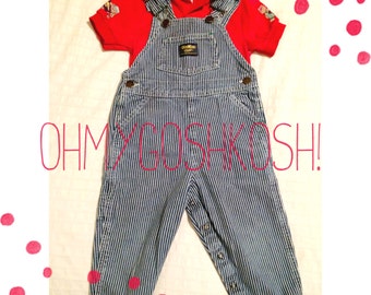 2 Piece  2T and 24 Months Classic Oshkosh Engineer Overalls 2T with Vintage red ss Shirt with engineer bears 24 months Made in the USA