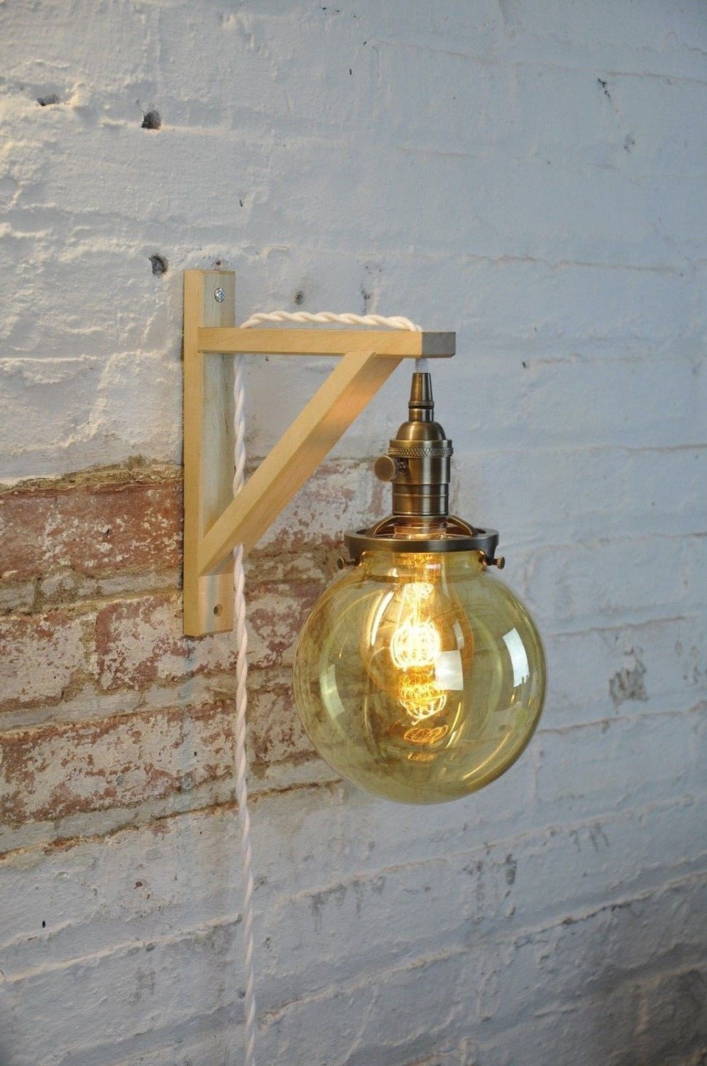 Wall Sconce Glass Globe Antique Brass Birch Wood Light Lamp