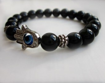 Black Onyx bracelet, Evil Eye bracelet, Hamsa bracelet, Hand of Fatima, black bracelet, Unisex, Protection bracelet, UK jewellery
